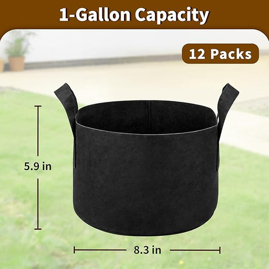 12 Pack 1 Gallon Grow Bags, Heavy Duty 300g Nonwoven Fabric Plant Pots with Reinforced Handles, Breathable Potato Grow Bags for Vegetables, Herbs, Seedlings - Black