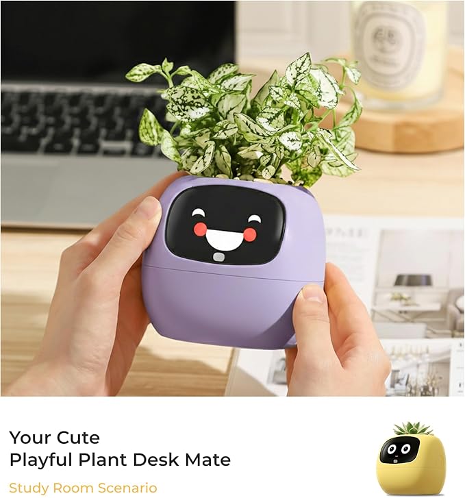 Ivy AI Smart Plant Pot with Emoji Intelligent Planter Robot for Houseplants Tamagotchi Flower Pot Stylish Plantagotchi Home Decor(Violet)