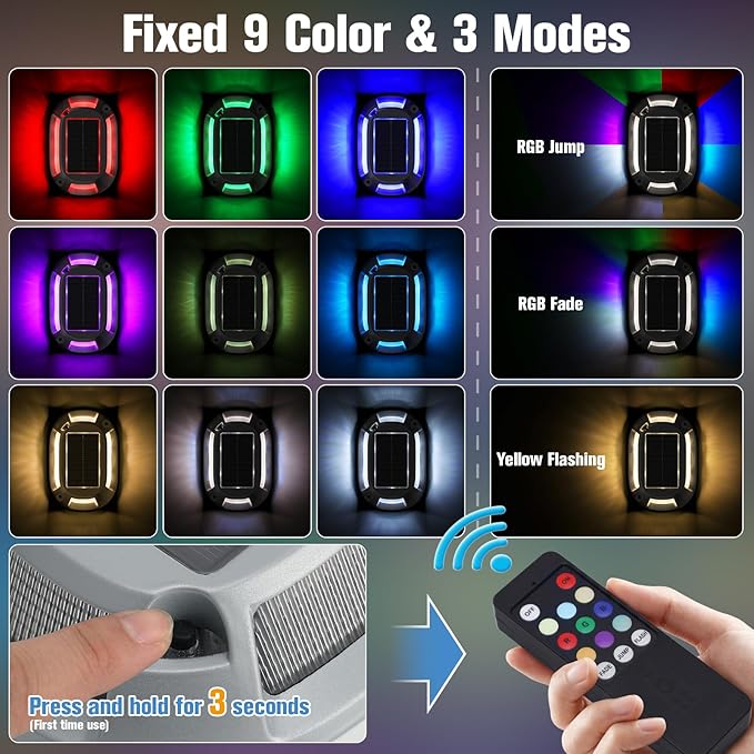 VOLISUN Solar Driveway Lights with Remote 8 Pack, 9 Colors in 1 Led IP67 Waterproof Outdoor Warning Dock Deck Lights for Driveway Sidewalk Pathway Step RGB (9colors, 8pack)