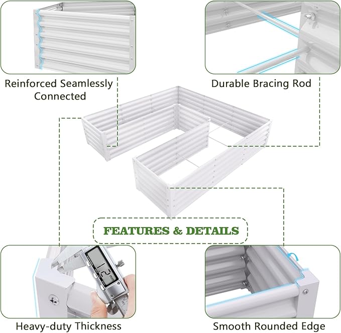 A ANLEOLIFE 16-Piece 18 Inch Tall Galvanized Raised Garden Beds Kit, Rectangular,U-Shaped & L Shaped Metal Planters – Ideal for Backyard Structured Garden Layouts, Antique White