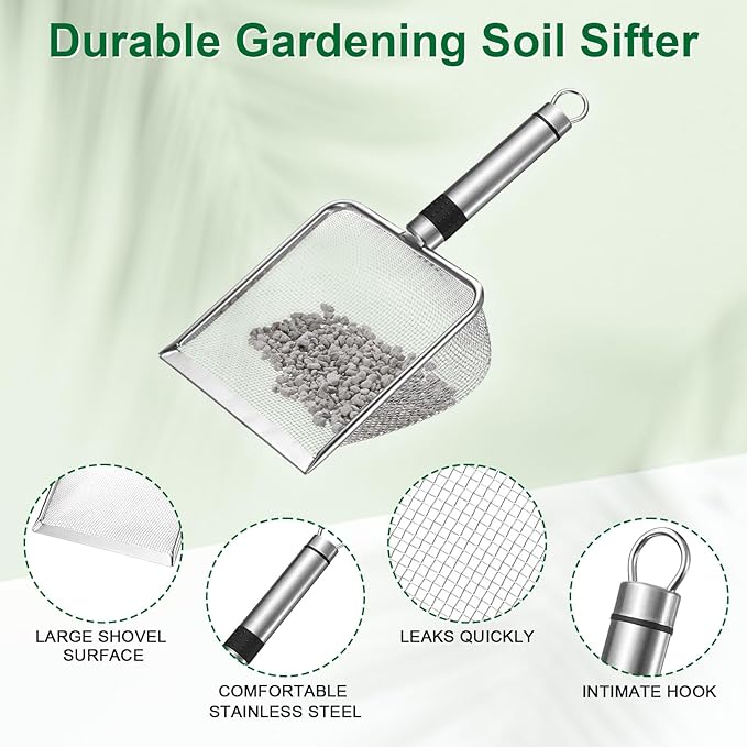 1-Pack Gardening Soil Sifter, 2 mm Mesh Stainless Steel Sand Soil Compost Sieve with Stainless Steel Handle for Sand/Dirt/Rock Compost, Screen Potting Scoop [Silver Tone]