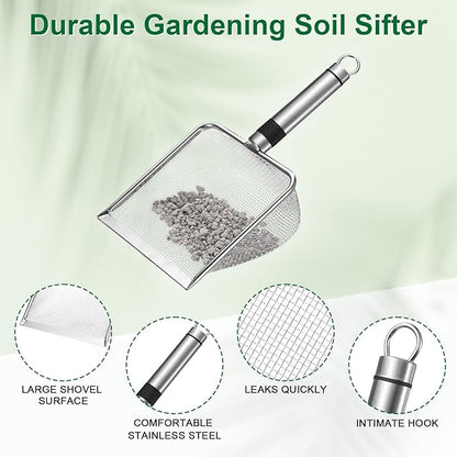 1-Pack Gardening Soil Sifter, 2 mm Mesh Stainless Steel Sand Soil Compost Sieve with Stainless Steel Handle for Sand/Dirt/Rock Compost, Screen Potting Scoop [Silver Tone]