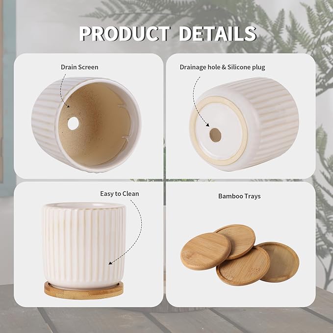 TAMAYKIM 4 Inch Ceramic Plant Pots with Drainage Holes, Modern Vertical Pattern Flower Planter with Saucer for Indoor Plants, Succulent, Cactus & Herbs, White, Set of 4 (Plants Not Included)