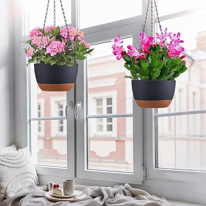 Hanging Planters for Indoor Plants, Set of 2 8/10 Inch Self-Watering Hanging Pots with Drainage Hole & Removable Water-Storage Tray II Screw-in Hooks II