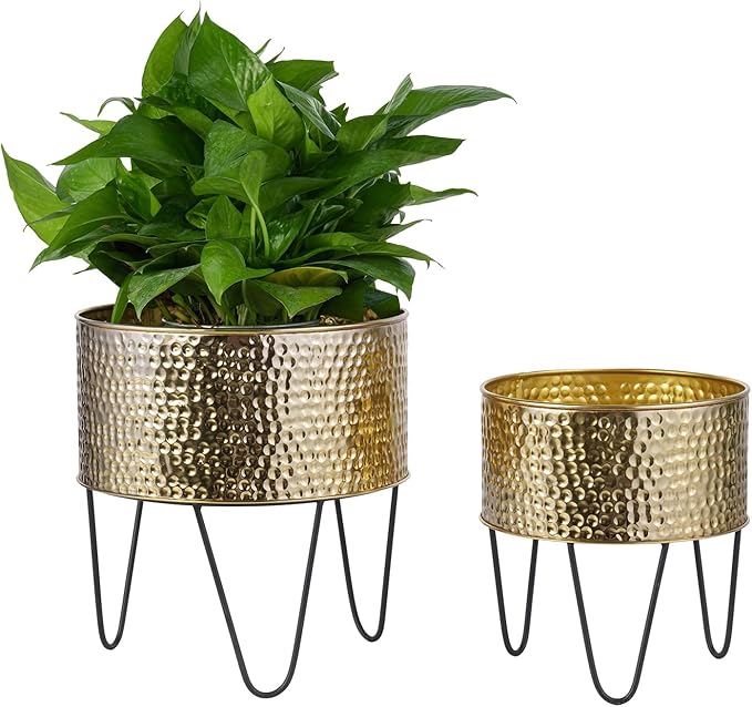 MyGift Modern Brass Tone Metal Planter Pots with Pebbled Texture, Hammered Plant Containers with Matte Black Wire Stands, 2 Piece Set, 8 and 10 Inch - Handcrafted in India