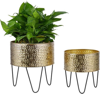 MyGift Modern Brass Tone Metal Planter Pots with Pebbled Texture, Hammered Plant Containers with Matte Black Wire Stands, 2 Piece Set, 8 and 10 Inch - Handcrafted in India