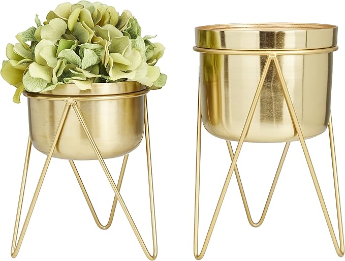 CosmoLiving by Cosmopolitan Metal Indoor Outdoor Planter Small Planter Pot with Removable Stand, Set of 2 Planters 7", 7"W, Gold