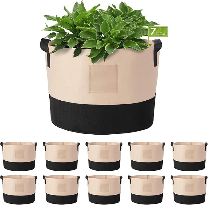 LITLANDSTAR 7 Gallon Fabric Grow Bags, 10 Pack Heavy Duty Thickened Nonwoven Plant Grow Bags with Handles and Label Bags, Fabric Plant Pots for Growing Vegetables Flowers Herbs (Black Mixed Camel)