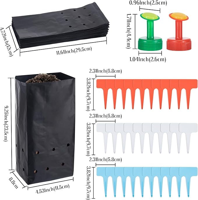 100 Pcs Nursery Growing Bags Seedling Starter Bags with 30 Plant Labels & 2 Mini Watering Sprinklers Plant Grow Bags Plants Pots Plastic Pouches for Garden Trees,Flowers, Vegetable(9.2x4.9x3.5 Inch)