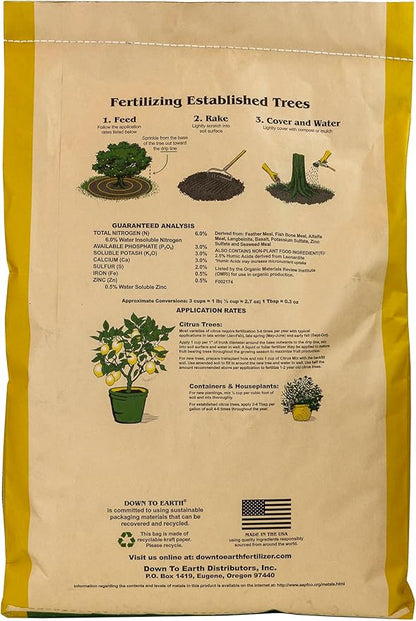 Down To Earth All Natural Fertilizers Organic Citrus Mix - Plant Food for Lemons, Limes, Oranges and Avocados 6-3-3, 25 lb