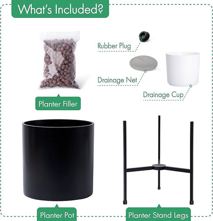 D'vine Dev Mid Century Fiberglass Resin Planter Pot with Iron Stand, 10 inch, Matte Black, 96-A-2-M