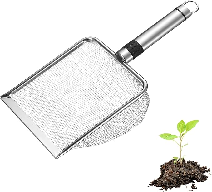 1-Pack Gardening Soil Sifter, 2.8 mm Mesh Stainless Steel Sand Soil Compost Sieve with Stainless Steel Handle for Sand/Dirt/Rock Compost, Screen Potting Scoop [Silver Tone]