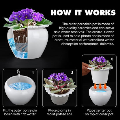 African Violet Flower Pot Ceramic Self Watering Flower Pot 6.5 * 4.6 * 4 inch Simple Plant Self Watering Pot Indoor Flowers High Absorption Herbaceous Flower Pots Modern Decor Pots