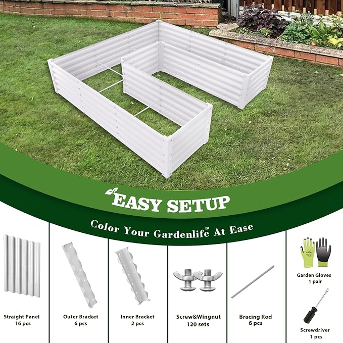 A ANLEOLIFE 3 Set U-Shaped Galvanized Raised Garden Beds Outdoor,6x6x1.5ft Large Metal Planter Box for Planting Vegetables Flowers Herb, Anti-Rust & Easy-Setup, Antique White