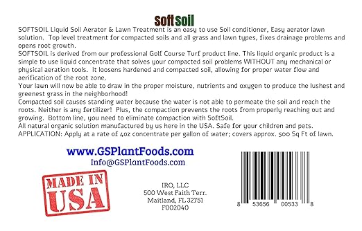 Soft Soil by GS Plant Foods- Liquid Aerator and Lawn treatment(1 Quart) - Liquid Aerator for Any Grass Type, All Season - Great for Compact Soils, Standing Water, Poor Drainage