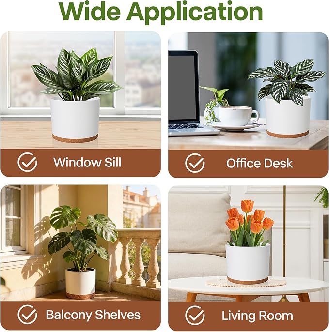 GARDIFE 10/9/8 Inch Modern Cylinder Planter, Plant Pots for Indoor Outdoor Plants, Flower Pots with Drainage Holes and Saucers for Garden Succulent Nursery House Plants (White-Brown)