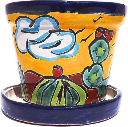 Talavera Mexican Pottery Planters with Saucer 4" Rancherito - Cactus - Sun Pot Hand Painted Ceramic Plant Pot Planter Indoor Outdoor (Rancherito)