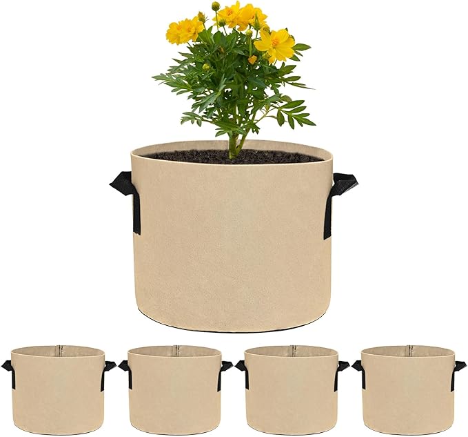 5-Pack Plant Grow Bags 3 Gallon Grow Bags 300G Thickened Fabric Pots with Durable Handles Plant Garden Grow Pots for Fruits/Vegetables/Flowers/Plants [Khaki]