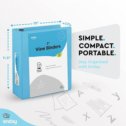2 Inch 3 Ring Binder 2” Blue, Slant D-Ring 2 in Binder Clear View Cover with 2 Inside Pockets, Heavy Duty Colored School Supplies Office and Home Binders – by Enday