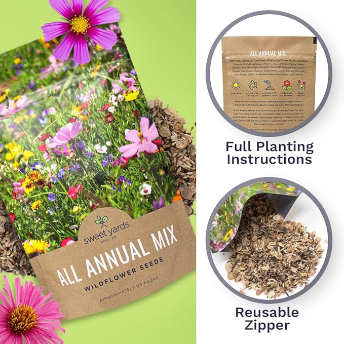 Bulk Wildflower Seeds Annual Quick Blooming Mix - 1/4 Pound Bag - Over 30,000 Open Pollinated Seeds