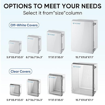 TICONN Outdoor Electrical Box Waterproof, Junction Box IP67 ABS Plastic Enclosure with Hinged Cover with Mounting Plate, Wall Brackets, Cable Glands (Off-White, 8.7"x6.7"x4.3")