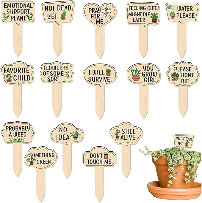 15 Pcs Garden Plant Markers, Wooden Plant Labels Tab Funny Plant Signs with Stake, Interesting Words Garden Tags Labels for Outdoor Indoor Patio Supplies Stakes for Potted Novelty Gifts