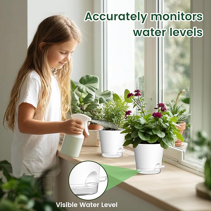 6 inch Self Watering Pots for Indoor Outdoor Plants, 3 Pack Flower Plant Pots with Drainage Holes and Clear Reservoirs, Visible Water Level, Plastic Planters with Wicking Rope, White