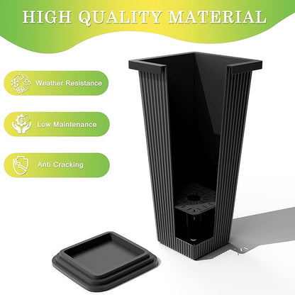 Set of 4 24" Tall Plastic Planters with Trays, Large Tapered Plant Pots for Indoor Outdoor Use, Modern Decorative Planters for Porch, Patio, Garden, and Backyard