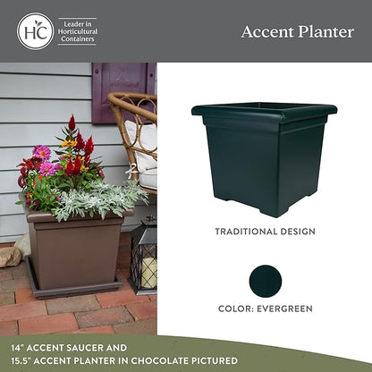 The HC Companies 15.5 Inch Accent Square Plant Pots with Drainage, Lightweight UV-Resistant Plastic Planters for Indoor & Outdoor Plants, 2-Pack Flower Pots for Garden, Office & Home Decor, Evergreen
