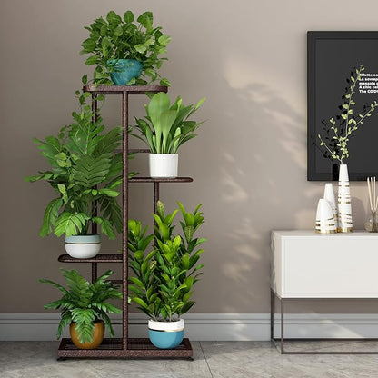 LINZINAR Plant Stand Metal 4 Tier 5 Potted Multiple Flower Pot Holder Shelf Indoor Outdoor Planter Display Shelving Unit for Patio Garden Corner Balcony Living Room (4 Tier 5 Potted, Bronze)