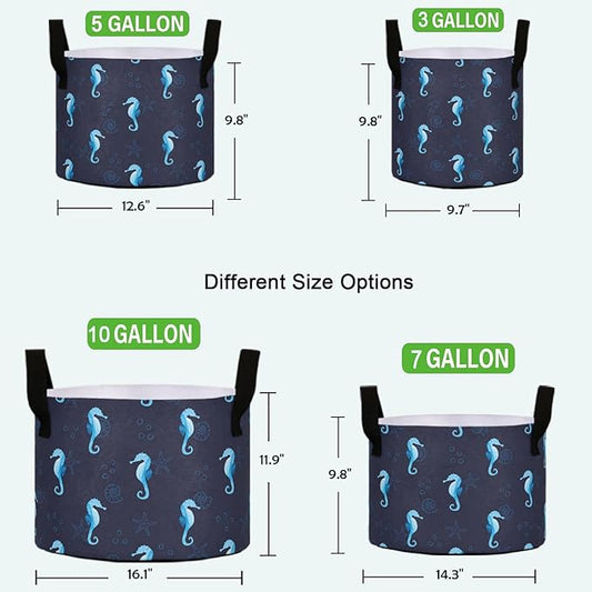 10 Gallon Nautical Sea Horse Starfish Shells Breathable Grow Bag Heavy Duty Thickened Plant Pot Containers with Handles for Potato Tomato Fruits Vegetables Flowers