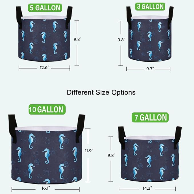 7 Gallon Nautical Sea Horse Starfish Shells Breathable Grow Bag Heavy Duty Thickened Plant Pot Containers with Handles for Potato Tomato Fruits Vegetables Flowers