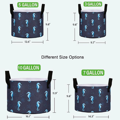 7 Gallon Nautical Sea Horse Starfish Shells Breathable Grow Bag Heavy Duty Thickened Plant Pot Containers with Handles for Potato Tomato Fruits Vegetables Flowers