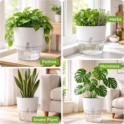 Planterhoma 5 Pack Self Watering Pots for Indoor Plants, 9 Inch Plant Pot Plastic Self Watering Planter for Orchid, Monstera, Lily, Large Clear Flower Pots with Drainage Holes and Wicking Rope, White