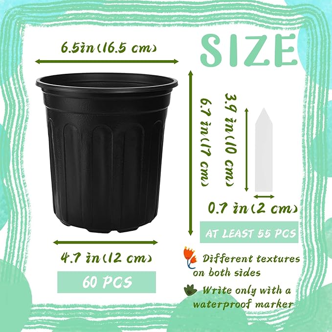 60 Pcs 1 Gallon Flexible Plant Nursery Pots,Plastic Thickened Soft Seedling Pot with Plant Labels,Flower Seed Starting Containers for Succulents,Transplanting,Indoor Outdoor,Black