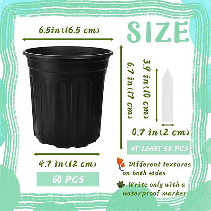 60 Pcs 1 Gallon Flexible Plant Nursery Pots,Plastic Thickened Soft Seedling Pot with Plant Labels,Flower Seed Starting Containers for Succulents,Transplanting,Indoor Outdoor,Black