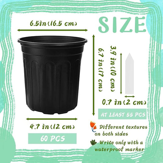 60 Pcs 1 Gallon Flexible Plant Nursery Pots,Plastic Thickened Soft Seedling Pot with Plant Labels,Flower Seed Starting Containers for Succulents,Transplanting,Indoor Outdoor,Black