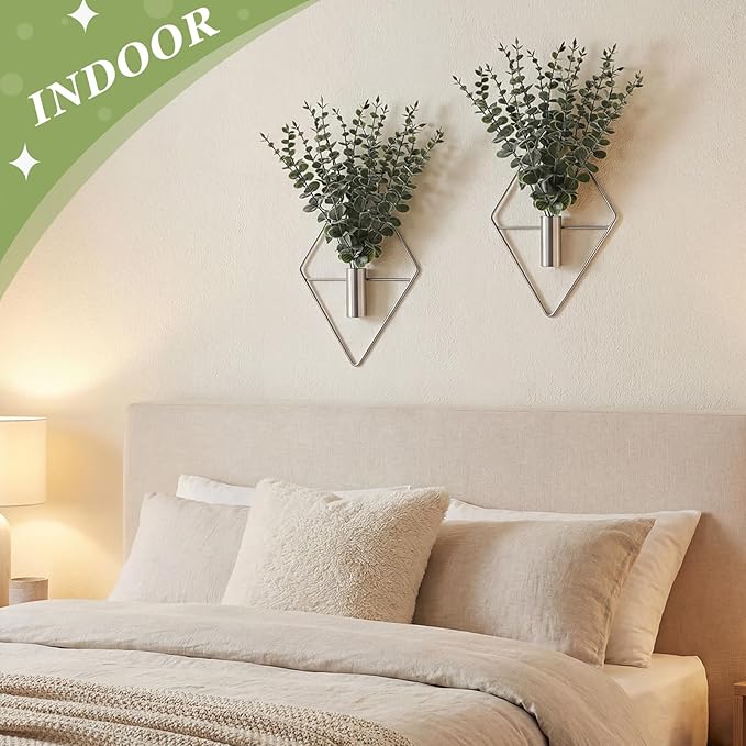 Jexine 4 Pcs Hanging Planters with Artificial Eucalyptus Metal Hanging Vase Indoor Plants Holder Modern Geometric Boho Bathroom Wall Decor for Living Room Home Office (Eucalyptus,Silver)
