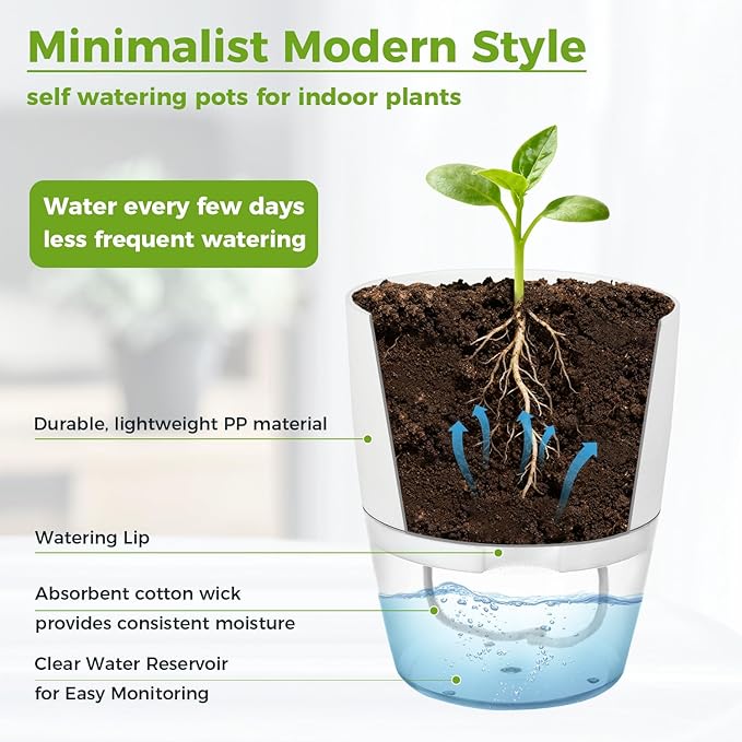 Planterhoma 8 Pack Self Watering Pots for Indoor Plants, 4 Inch Plant Pot Plastic Self Watering Planter for Orchid, African Violet, Small Clear Flower Pots with Drainage Holes and Wicking Rope, White