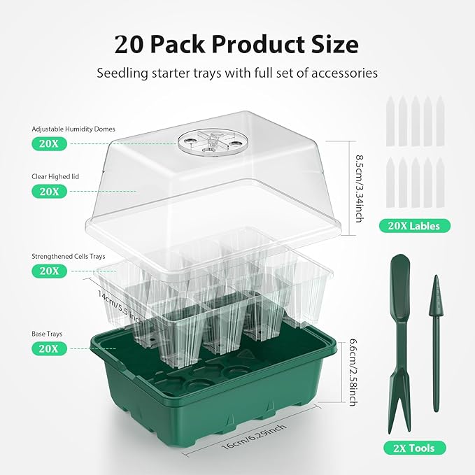 Seed Starter Tray, 20PCS Seed Starter Kit, Seedling Starter Trays with Heightened Lids for Seed Staring, Indoor Gardening Plant Germination Trays (12 Cells per Tray) Green