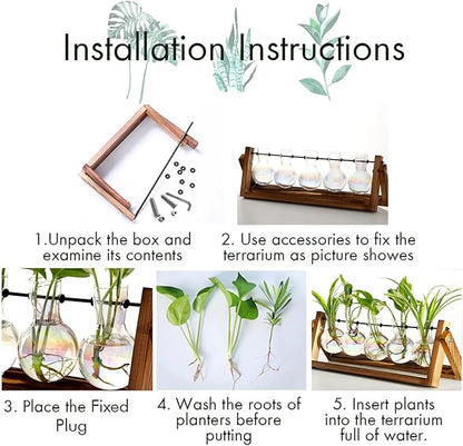 XXXFLOWER Plant Terrarium with Wooden Stand, Wall Hanging Glass Planter Tabletop Propagation Station Metal Swivel Holder Retro Rack for Hydroponics Home Garden Office Decoration - 5 Bulb Vase