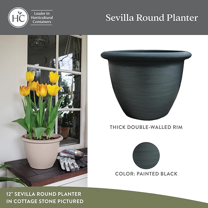 The HC Companies Sevilla Flower Planters - Durable Outdoor & Indoor Planter - Round Lightweight Self Watering Plant Pots for Herbs & More (9" Painted Black, Pack of 1)