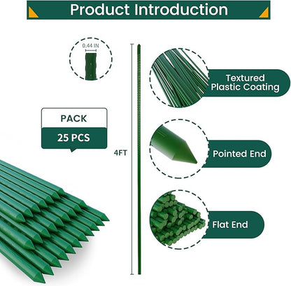 48 Inch 4 Ft Plant Support Garden Stakes 25 PCS, Sturdy Steel Plastic Coated Sticks for Outdoor Growing Climbing, Tomato, Trees, Cucumber, Beans