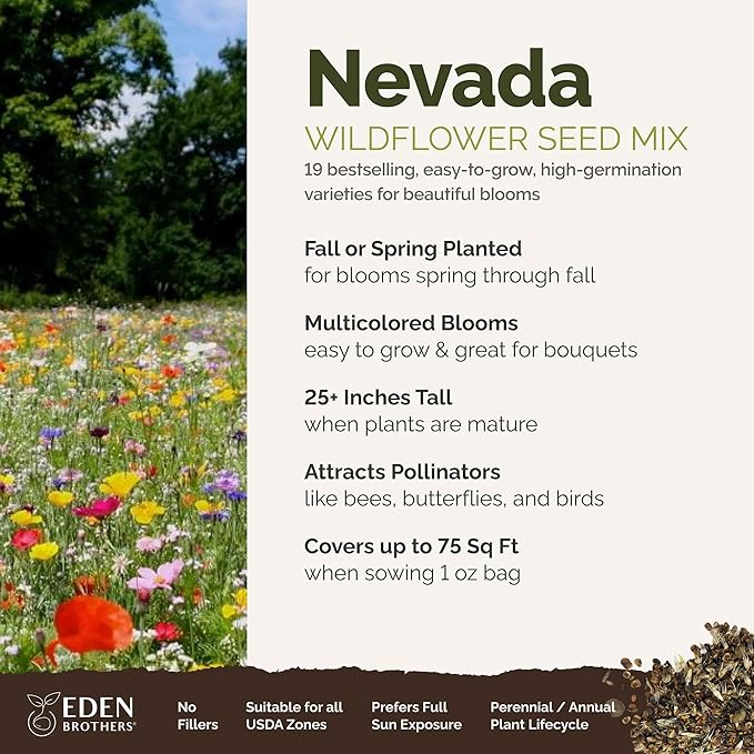 Eden Brothers Nevada Wildflower Mixed Seeds for Planting, 1 oz, 30,000+ Seeds with Yarrow, Cosmos | Attracts Pollinators, Plant in Spring or Fall, Zones