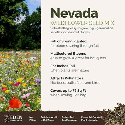 Eden Brothers Nevada Wildflower Mixed Seeds for Planting, 1 oz, 30,000+ Seeds with Yarrow, Cosmos | Attracts Pollinators, Plant in Spring or Fall, Zones