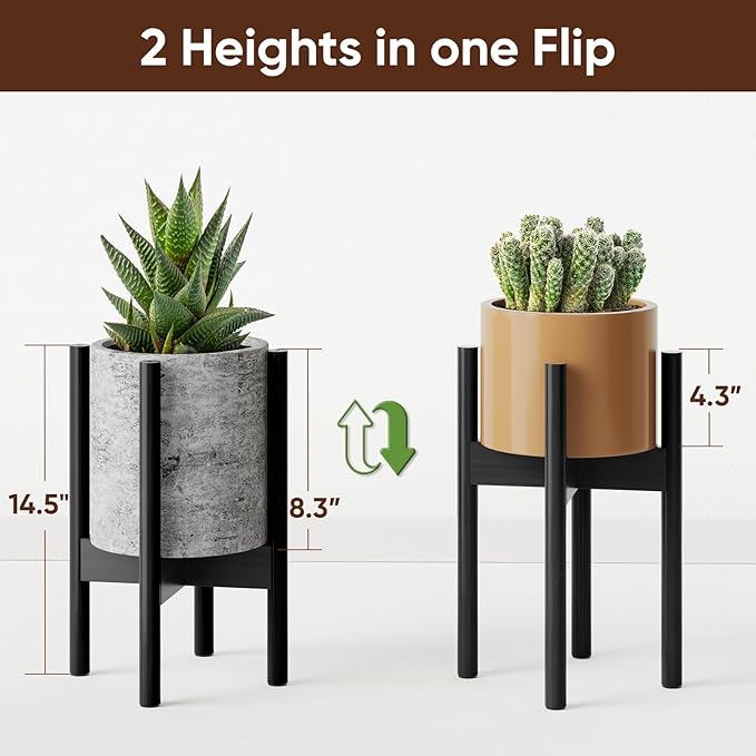 MUDEELA 14 Inch Tall Plant Stand for Indoor, Adjustable Width Bamboo Plant Stand for 8 9 10 11 12 Inches Pot, Single Tier Planter Holder Floor Stand, Mid Century Modern Style, Black, Without Pot