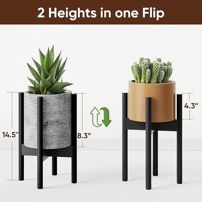 MUDEELA 14 Inch Tall Plant Stand for Indoor, Adjustable Width Bamboo Plant Stand for 8 9 10 11 12 Inches Pot, Single Tier Planter Holder Floor Stand, Mid Century Modern Style, Black, Without Pot