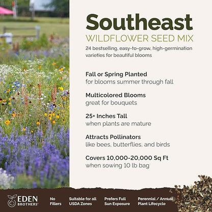 Eden Brothers Southeast Wildflower Mixed Seeds for Planting, 10 lb, 4,800,000+ Seeds with Cornflower, Blanket Flower | Attracts Pollinators, Plant in Spring or Fall, Zones 3, 4, 5, 6, 7, 8, 9, 10