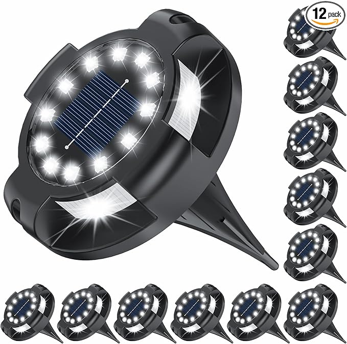 Solar Pathway Lights Outdoor 12 Packs, Bright White 16 LEDs Solar Ground Lights Walkway Lights with Side Light, Waterproof Solar Deck Light for Yard Walkway Garden Poolside Driveway Decorations