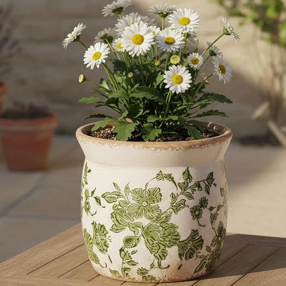 Vintage Farmhouse Ceramic Planter & Kitchen Utensil Holder - 6.21 Inch Tuscan Rustic Plant Pot with Drainage for Indoor/Outdoor Use, Garden & Home Decor, Unique Gift (Green Leaf)